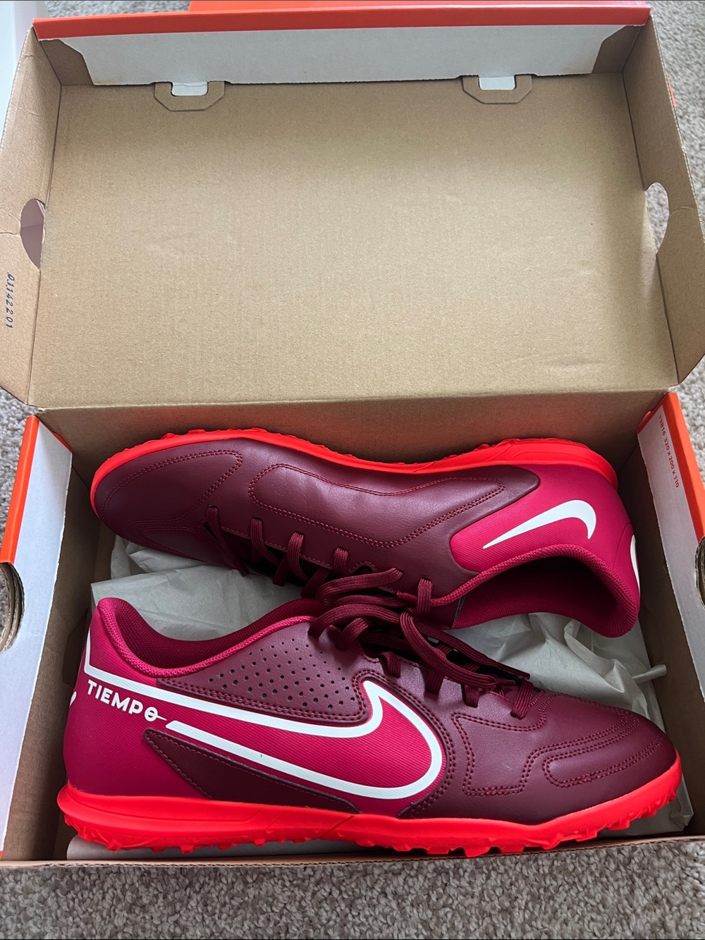 Nike Tiempo Turf Shoes - Maroon & Bright Red